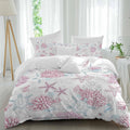 Summer Marine Life Duvet Cover Set Queen Size 4 Pieces Ocean Starfish Coral Coastal Sea Turtle Pink Bedding Set with Zipper Closure, 1 Comforter Cover 90x92 Inches 1 Flat Sheet & 2 Pillow Cases