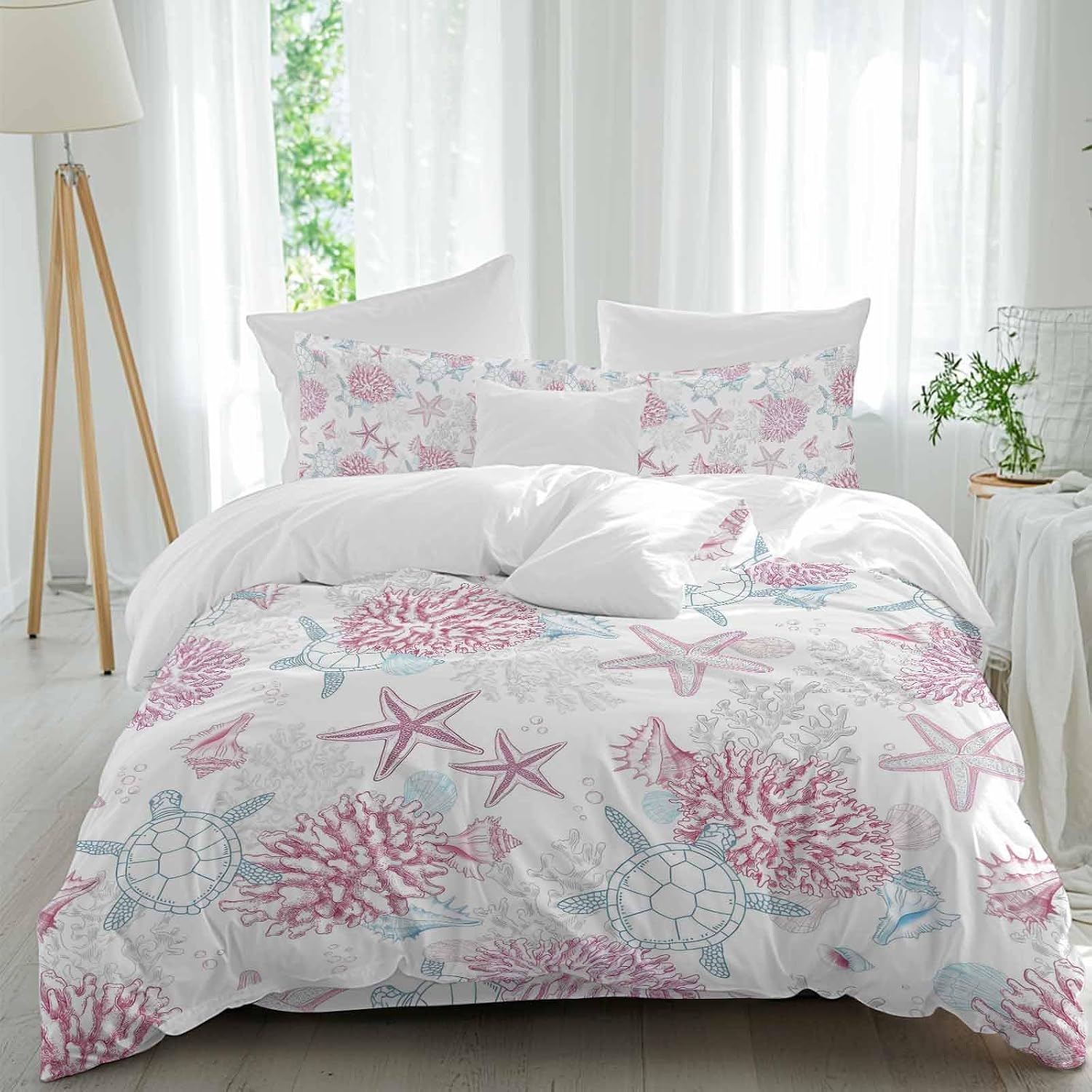 Summer Marine Life Duvet Cover Set Queen Size 4 Pieces Ocean Starfish Coral Coastal Sea Turtle Pink Bedding Set with Zipper Closure, 1 Comforter Cover 90x92 Inches 1 Flat Sheet & 2 Pillow Cases