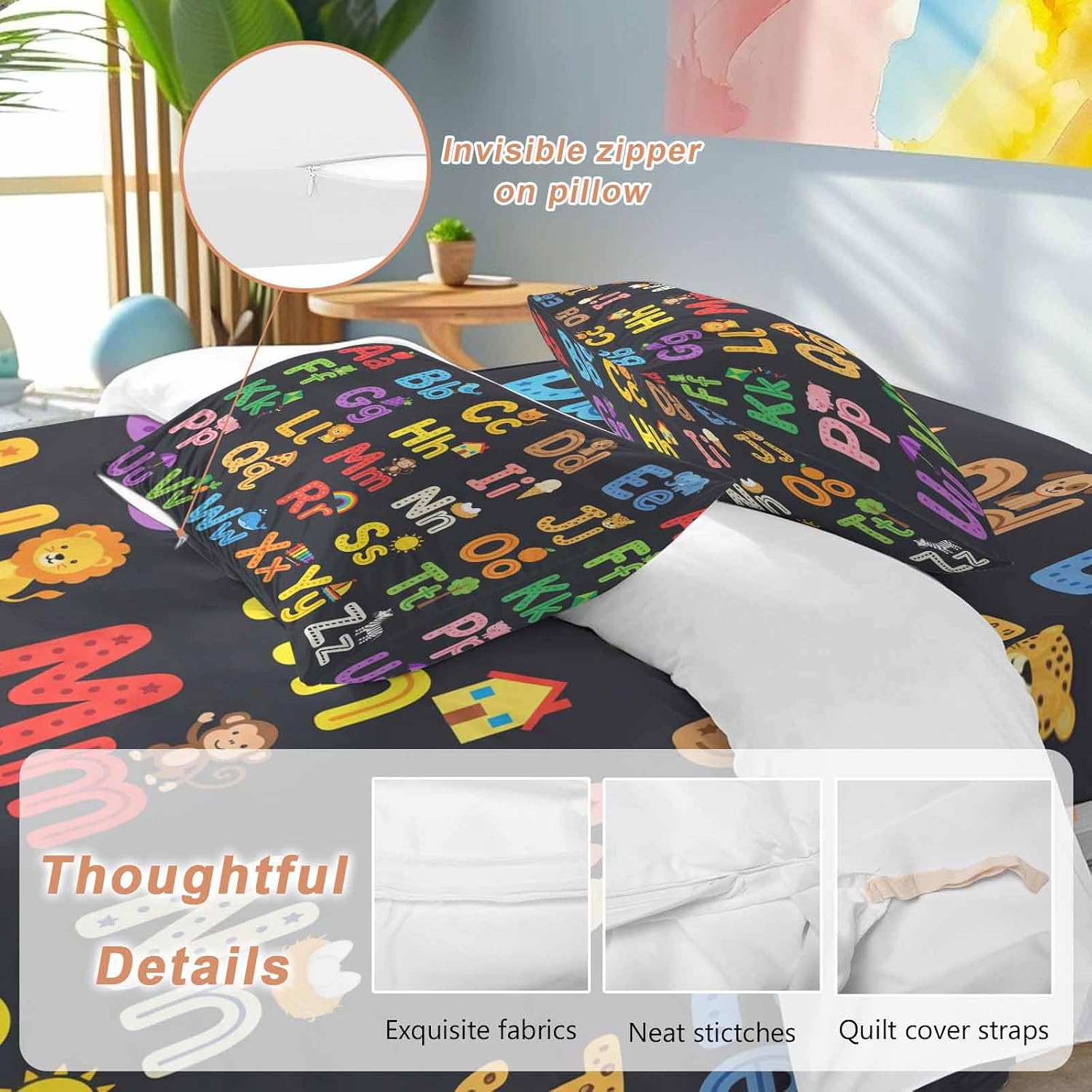 Alphabet Duvet Cover Set Queen Size 4 Pieces American Cartoon Early Education Alphabet Minimalist Mural Bedding Set with Zipper Closure, 1 Comforter Cover 92x106 Inches 1 Flat Sheet & 2 Pillow Cases