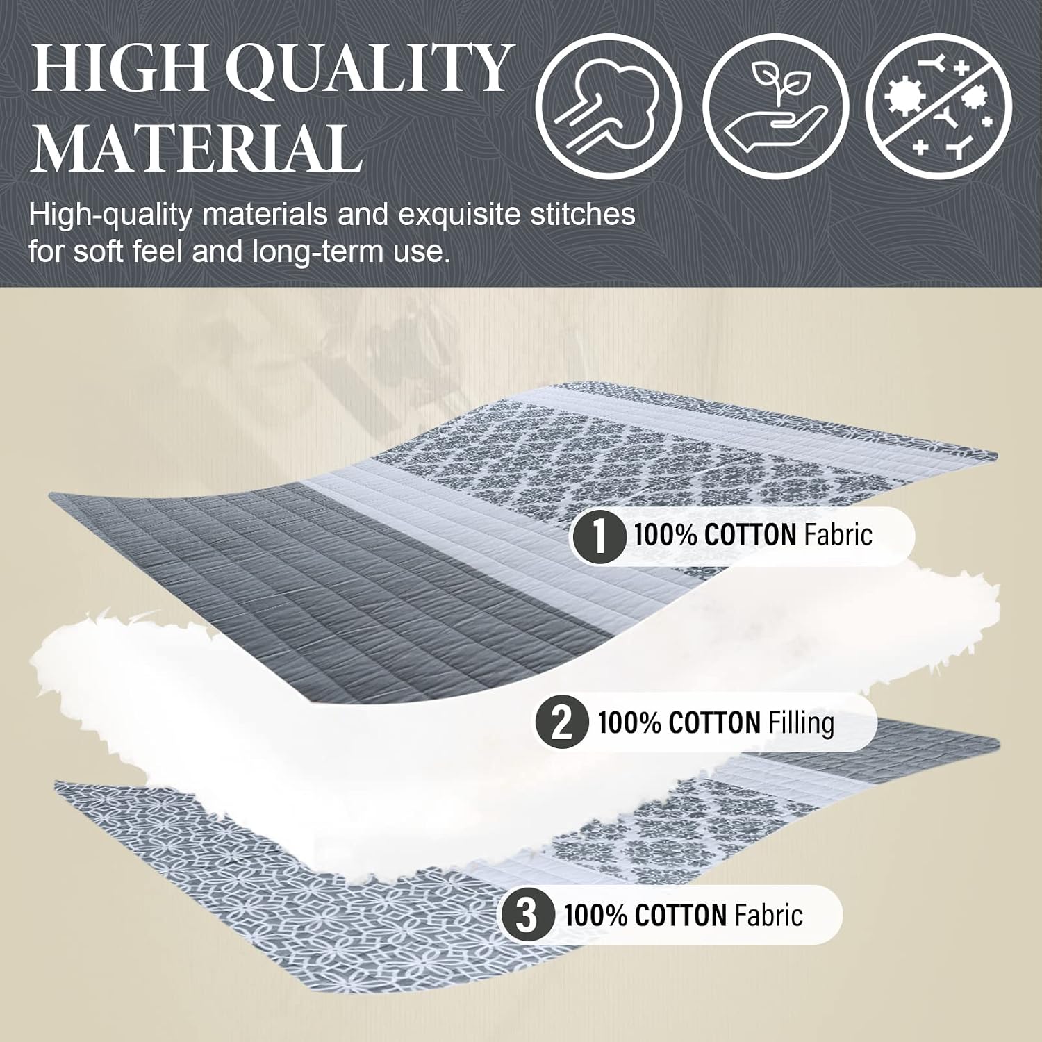 SahSahCasa Quilt King Size, King Quilt Set, 100% Cotton King Quilt Bedding Set Bedspreads, Reversible Lightweight Floral Patchwork Quilts Bedspread for King Bed, Bluish Grey, for All Season, 3-Piece