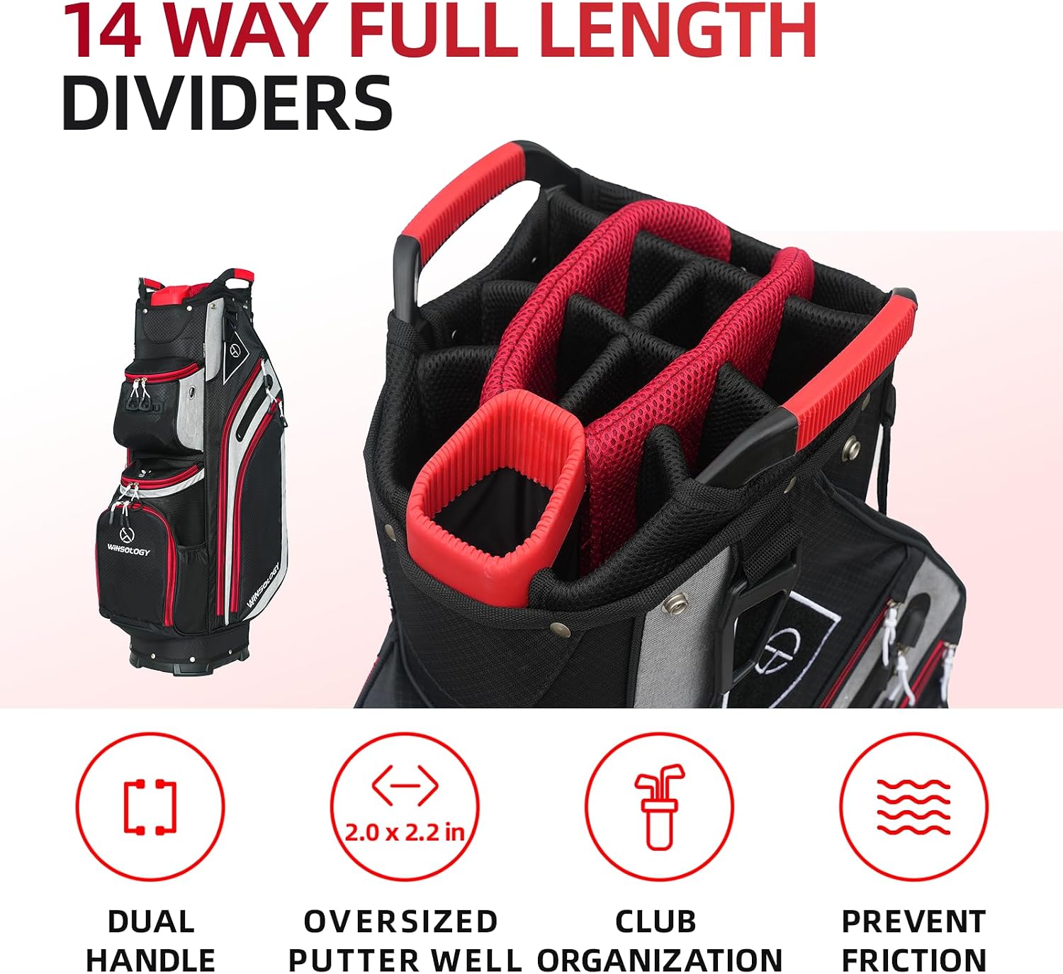 Max Lightweight Golf Cart Bag with Dual Handles and 14 Way Individual Full Length Dividers, Golf Club Bag with 11 Pockets, Large Putter Well, Double Strap Cooler for Men & Women