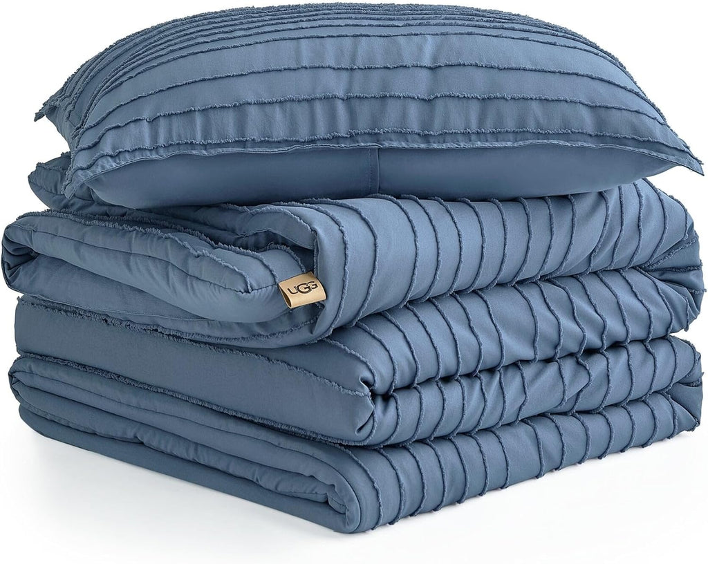 UGG Textured Twin Comforter Set - 2 Piece Striped Bedding Set with Pillow Sham – Luxurious and Cozy Reversible Blue Bed Set for Bedroom & Dorm (Twin/Twin XL)