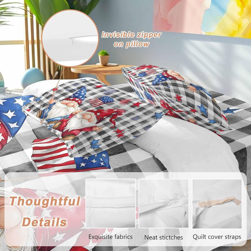 Prime Leader Independence Day Duvet Cover Set Queen Size 4 Pieces Patriotic Gnomes USA Flag Black Plaid Bedding Set with Zipper Closure, 1 Comforter Cover 86x86 Inches 1 Flat Sheet & 2 Pillow Cases