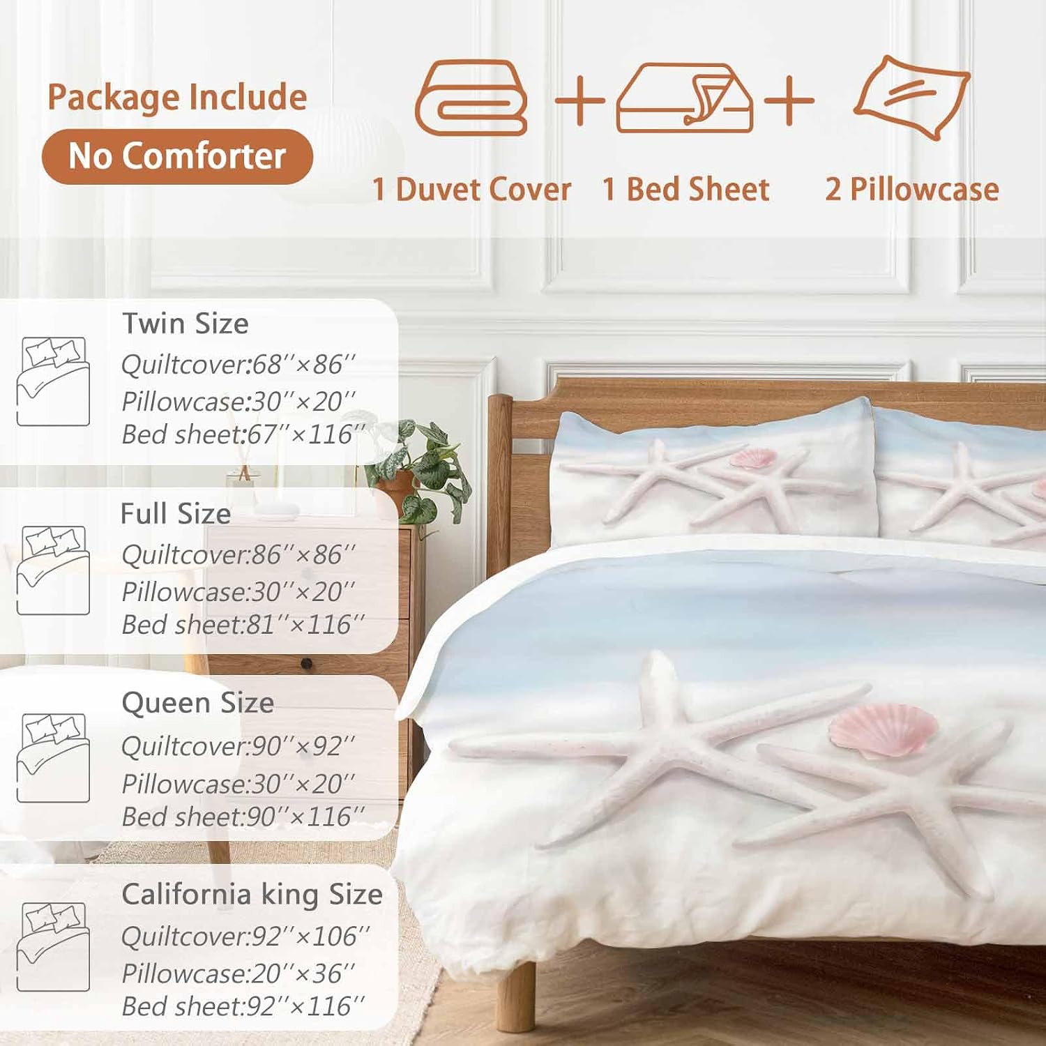 Prime Leader Starfish Shell Duvet Cover Set Queen Size 4 Pieces Summer Ocean Beach Coastal Bedding Set with Zipper Closure, 1 Comforter Cover 86x86 Inches 1 Flat Sheet & 2 Pillow Cases