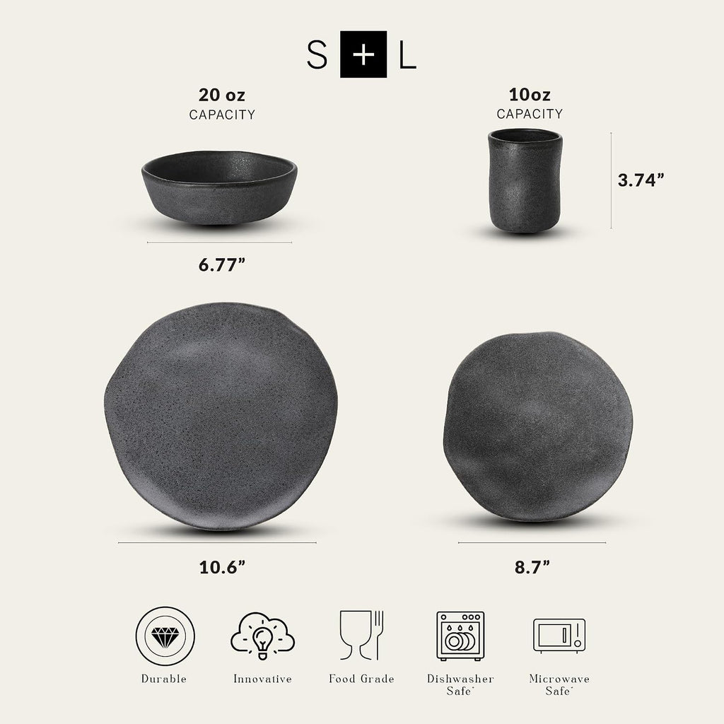 Stone by Mercer Project HEKONDA Modern Debossed Stoneware 16-Piece Dinnerware Set,Plate and Bowl Set, Dish Set for 4, Gray