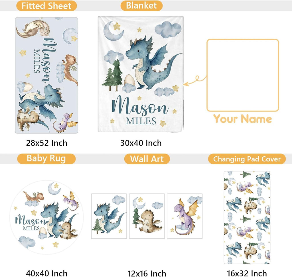 Terwex Custom Baby Crib Bedding Set, 5 Pcs Personalized Name Baby Crib Sets for Infant Toddler, Blue Dinosaur Nursery Bedding Set for Baby Boy, Double Layer Baby Bedding Sets Customized Gifts