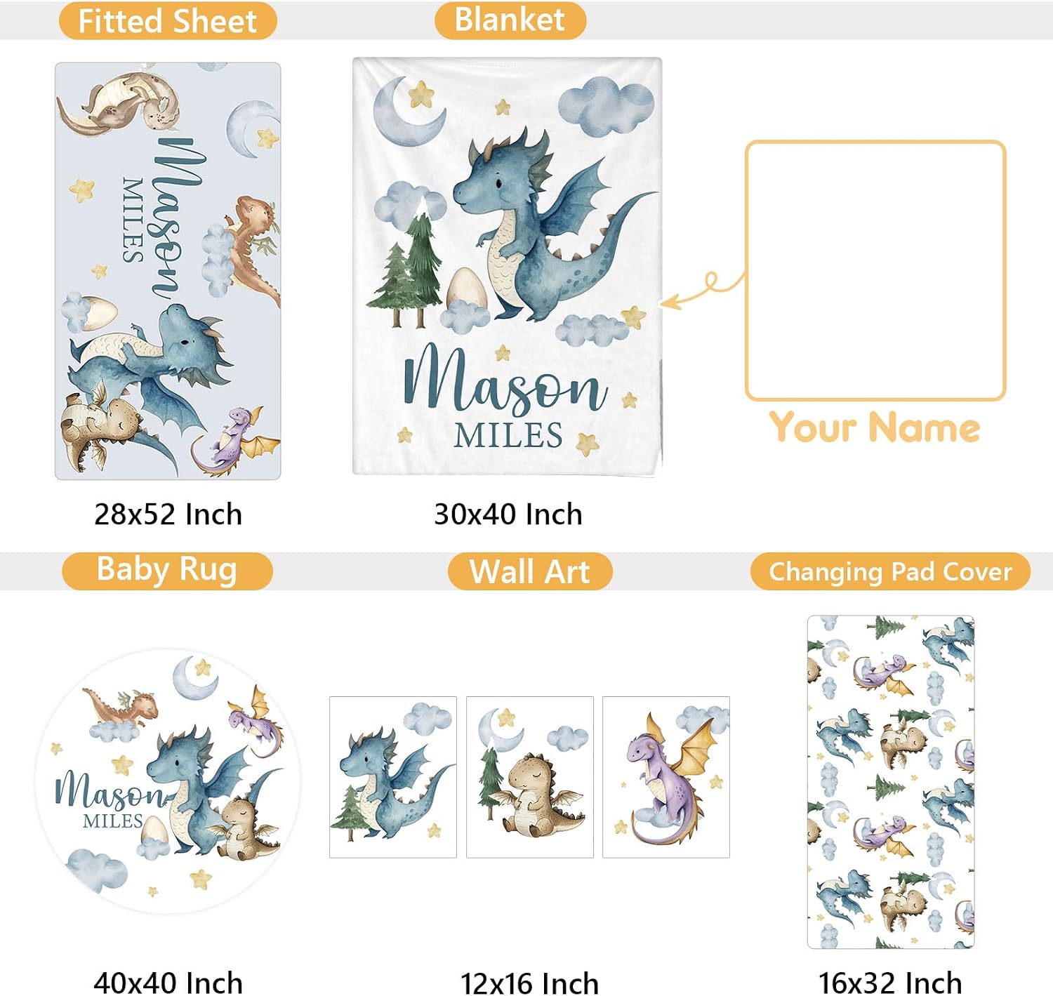 Terwex Custom Baby Crib Bedding Set, 5 Pcs Personalized Name Baby Crib Sets for Infant Toddler, Blue Dinosaur Nursery Bedding Set for Baby Boy, Double Layer Baby Bedding Sets Customized Gifts