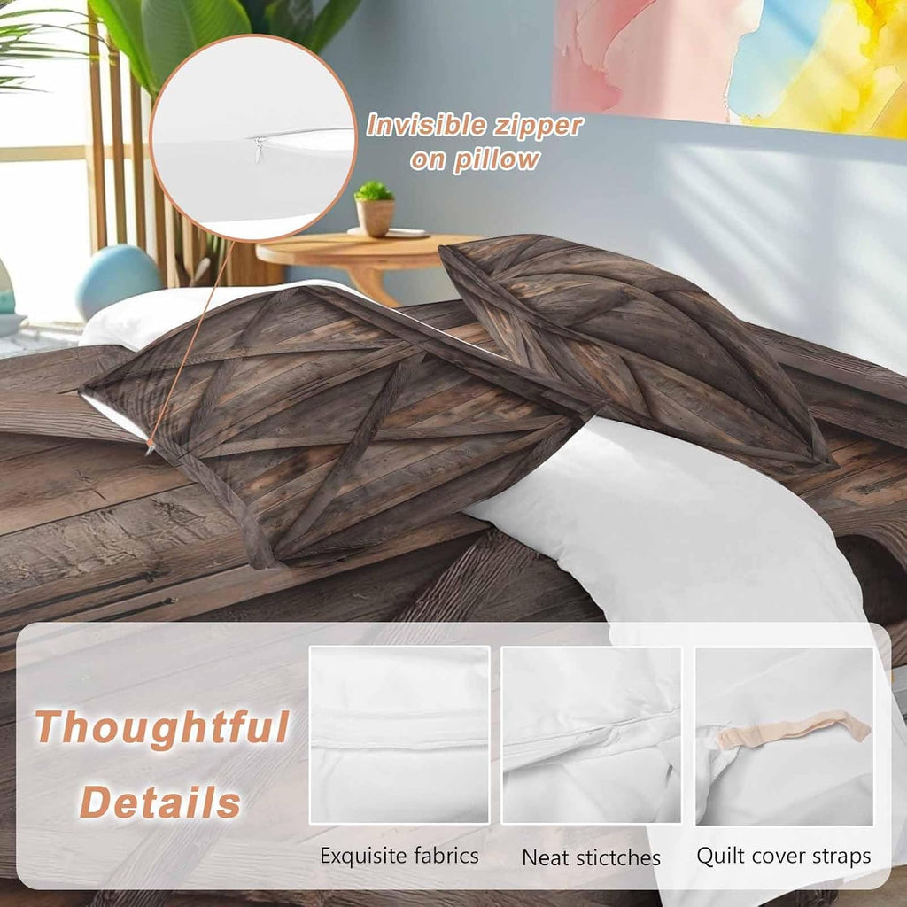 Farmhouse Duvet Cover Set Queen Size 4 Pieces Brown Country Style Barn Door Distressed Wood Grain Bedding Set with Zipper Closure, 1 Comforter Cover 90x92 Inches 1 Flat Sheet & 2 Pillow Cases