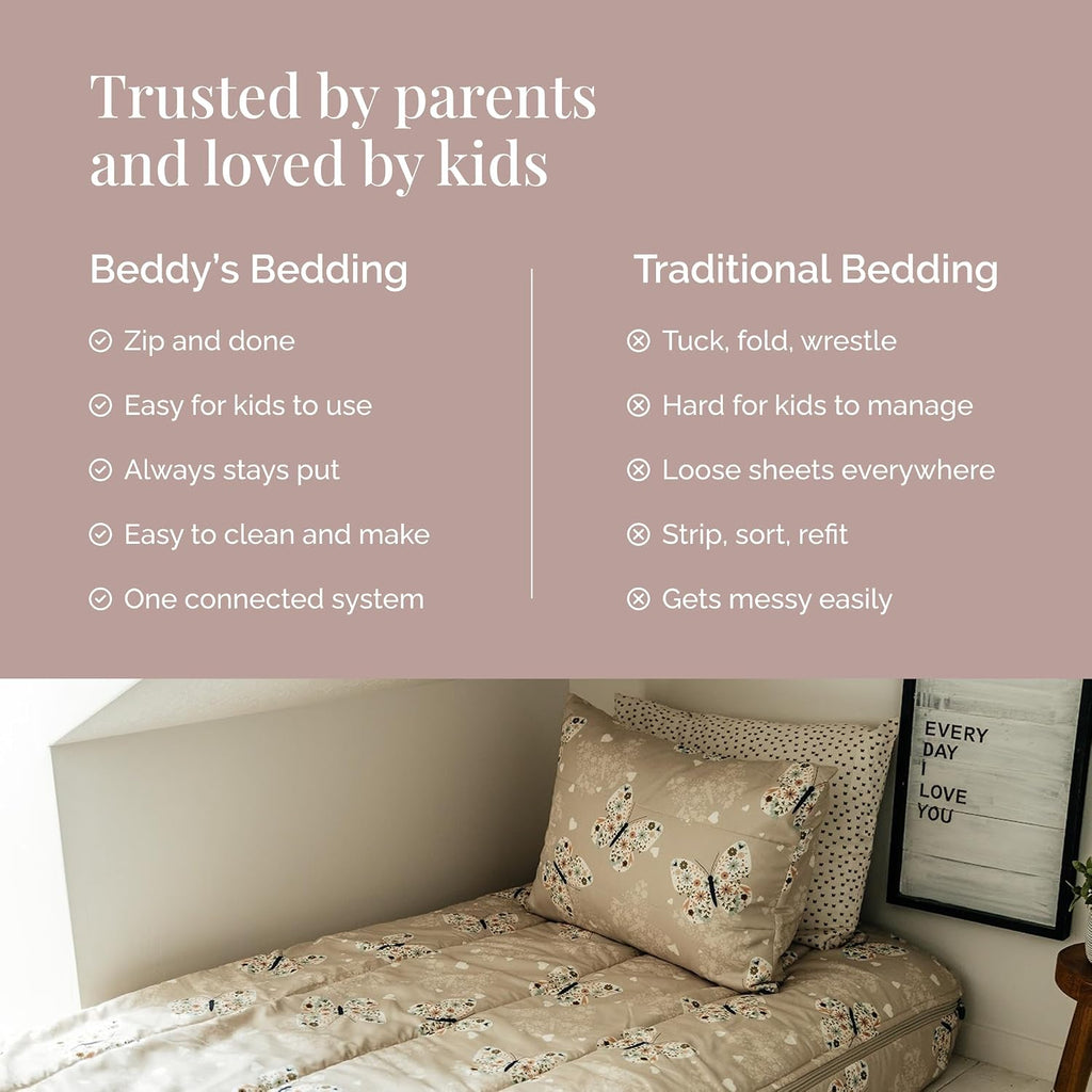 Beddy's Butterfly Themed Durable Zipper Bedding for Kids - Bed in a Bag - Beige Sheets & Comforter with Butterflies, Hearts & Floral Design - Includes Pillowcase & Sham - Easy to Make & Wash - Twin