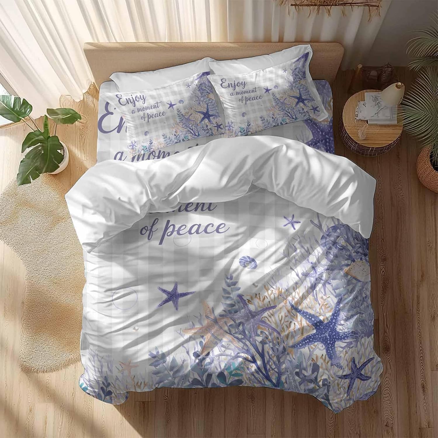 Purple Ocean Duvet Cover Set Queen Size 4 Pieces Enjoy A Moment of Peace Beach Starfish Shell Gray Plaid Bedding Set with Zipper Closure, 1 Comforter Cover 90x92 Inches 1 Flat Sheet & 2 Pillow Cases