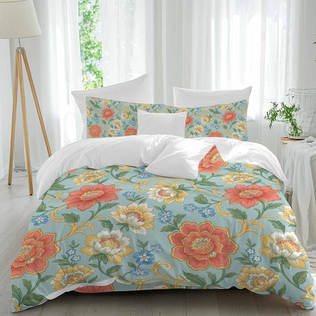 Embroidery Floral Duvet Cover Set Queen Size 4 Pieces Country Oriental Traditional Flower Red Teal Bedding Set with Zipper Closure, 1 Comforter Cover 92x106 Inches 1 Flat Sheet & 2 Pillow Cases