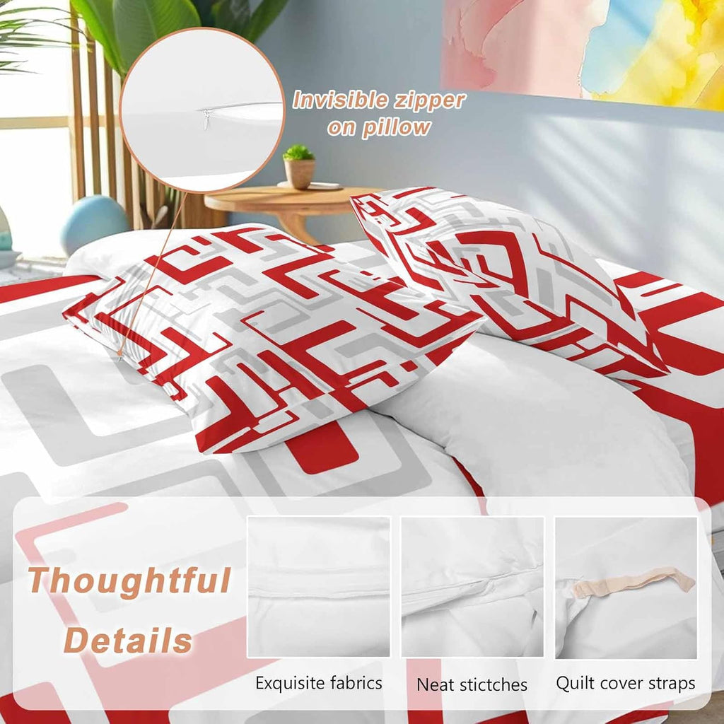 Prime Leader Red Gray Geometric Stripes Duvet Cover Set Queen Size 4 Pieces Modern Abstract Lines Maze Bedding Set with Zipper Closure, 1 Comforter Cover 90x92 Inches 1 Flat Sheet & 2 Pillow Cases