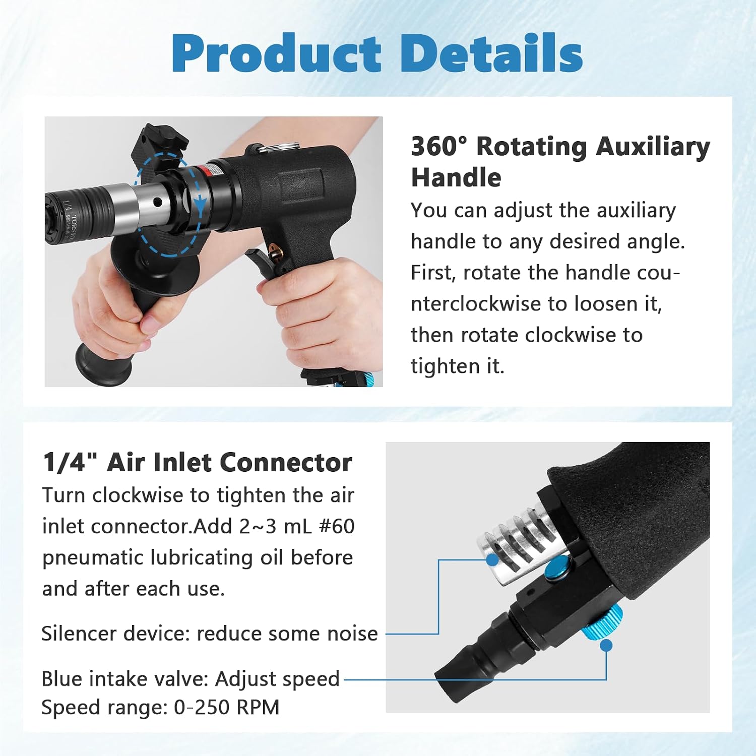 MXBAOHENG Pneumatic Tapping Machine with 360° Rotating Auxiliary Handle, Portable Air Tapper Tool 250RPM Thread Tapping Gun Tap Drill Machine for Metal with 4pcs ANSI Collets
