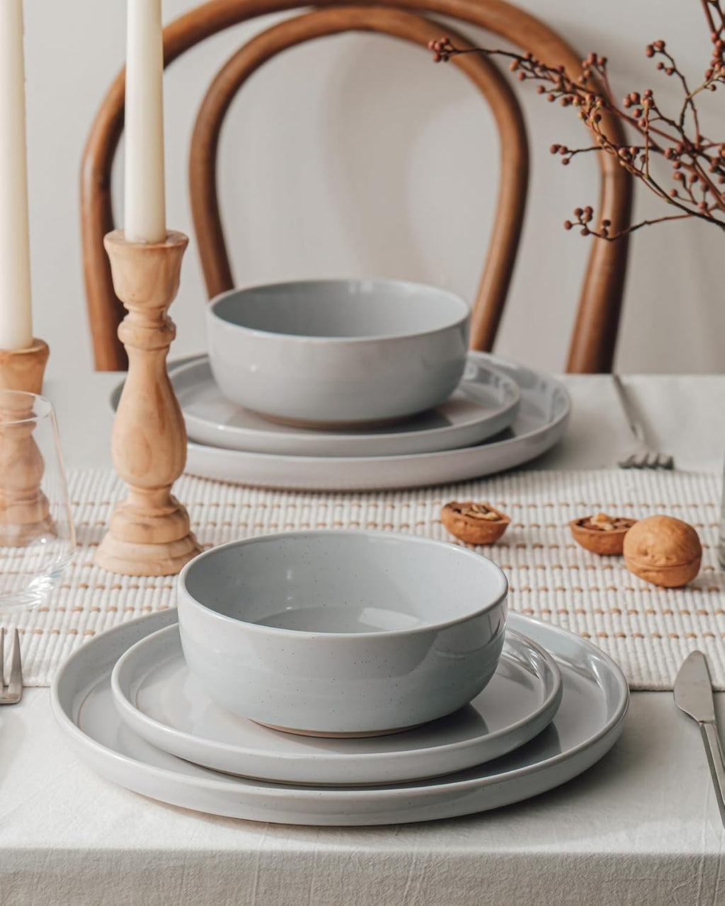 Famiware Milkyway Stoneware Dinnerware Sets with Pasta Bowls, Service for 6 (24 Pieces), Plates and Bowls Sets -Scratch Resistant, Microwave and Dishwasher Safe Dishes Set, Light Gray
