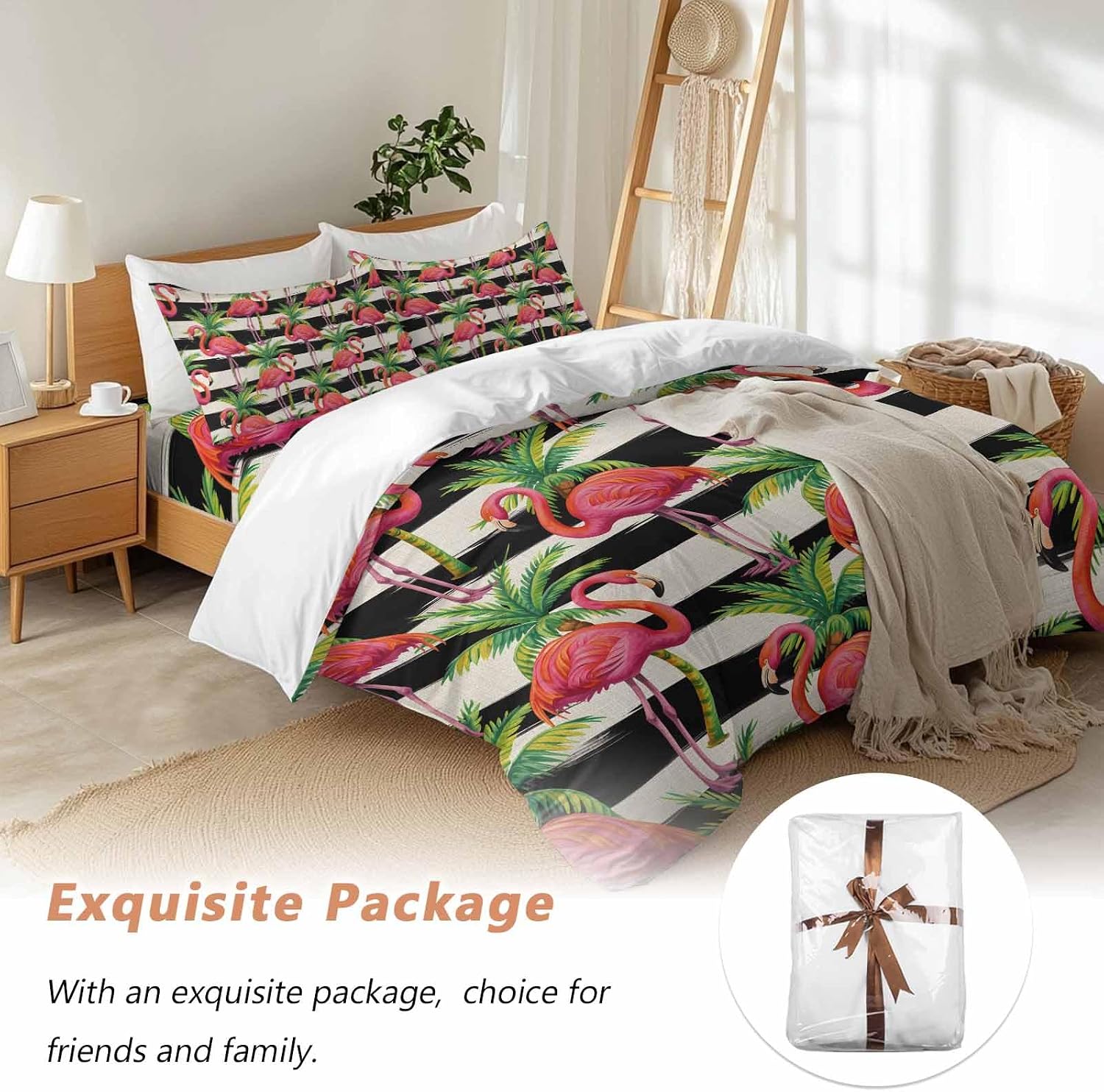 Prime Leader Pink Flamingo Duvet Cover Set Queen Size 4 Pieces Palm Leaf White Black Striped Vintage Bedding Set with Zipper Closure, 1 Comforter Cover 90x92 Inches 1 Flat Sheet & 2 Pillow Cases
