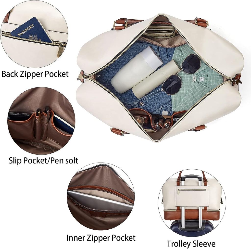 BOSTANTEN Weekender Bags for Women Leather Travel Duffle Bag Carry On Overnight Duffel with Shoe Compartment, Beige&Brown