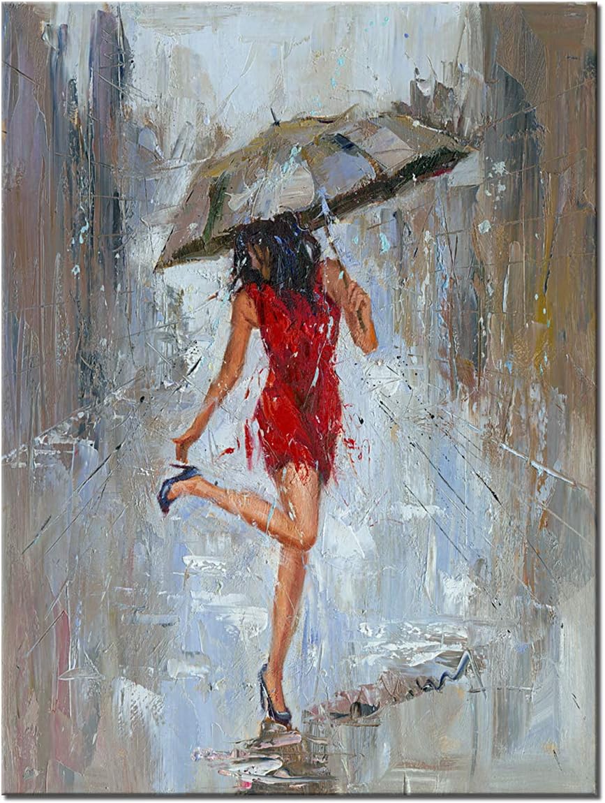 Large Abstract Canvas Wall Art Rain Modern Print Painting Girl Umbrella with Red Dress Walking in Street Huge Figure Artwork