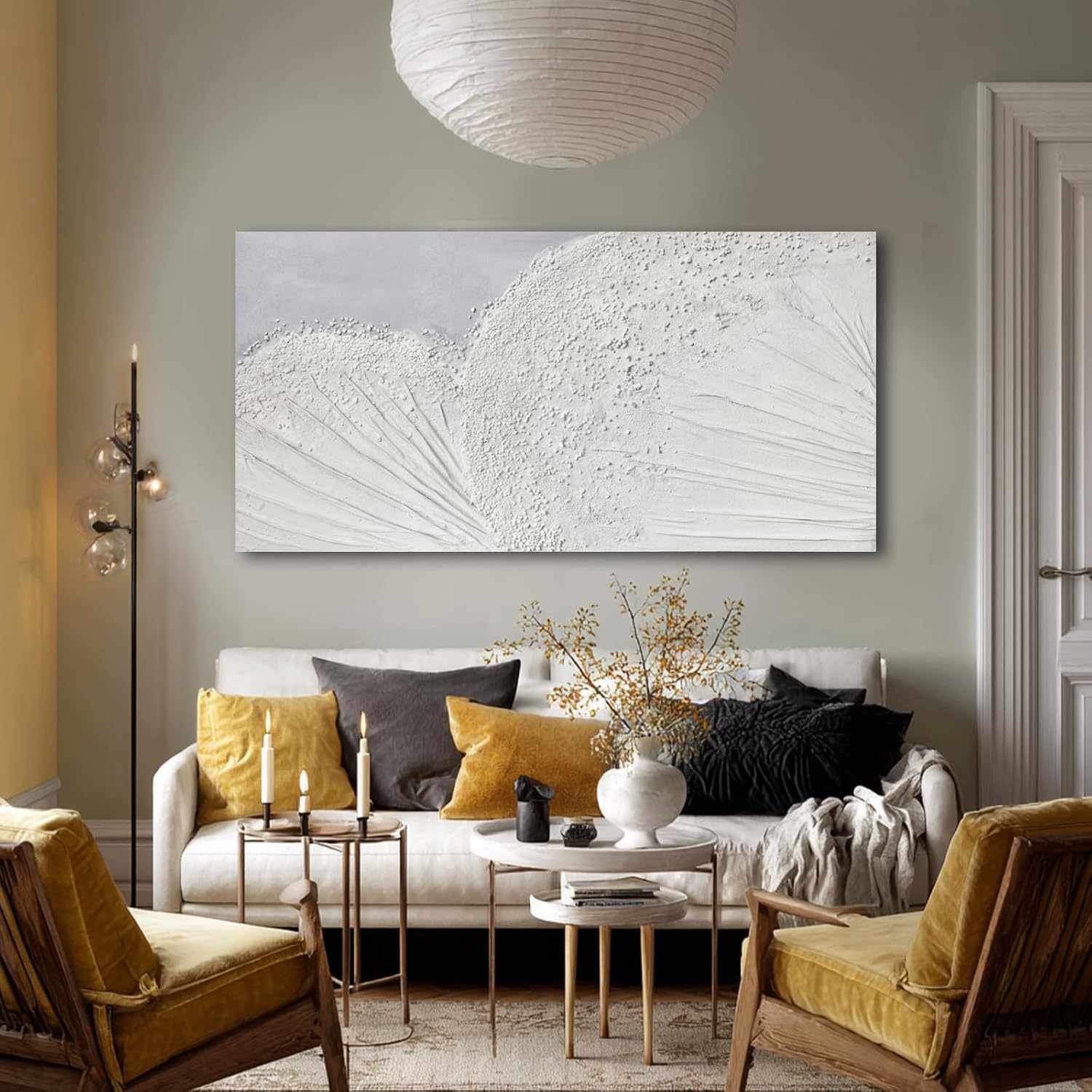 SHEYOYE Textured Wall Art Canvas 24x48 Inch, White Gray Hand Painted Modern Minimalist Neutral Wall Decor, Canvas Wall Art for Living Room Bedroom, Gallery Wrapped Ready to Hang