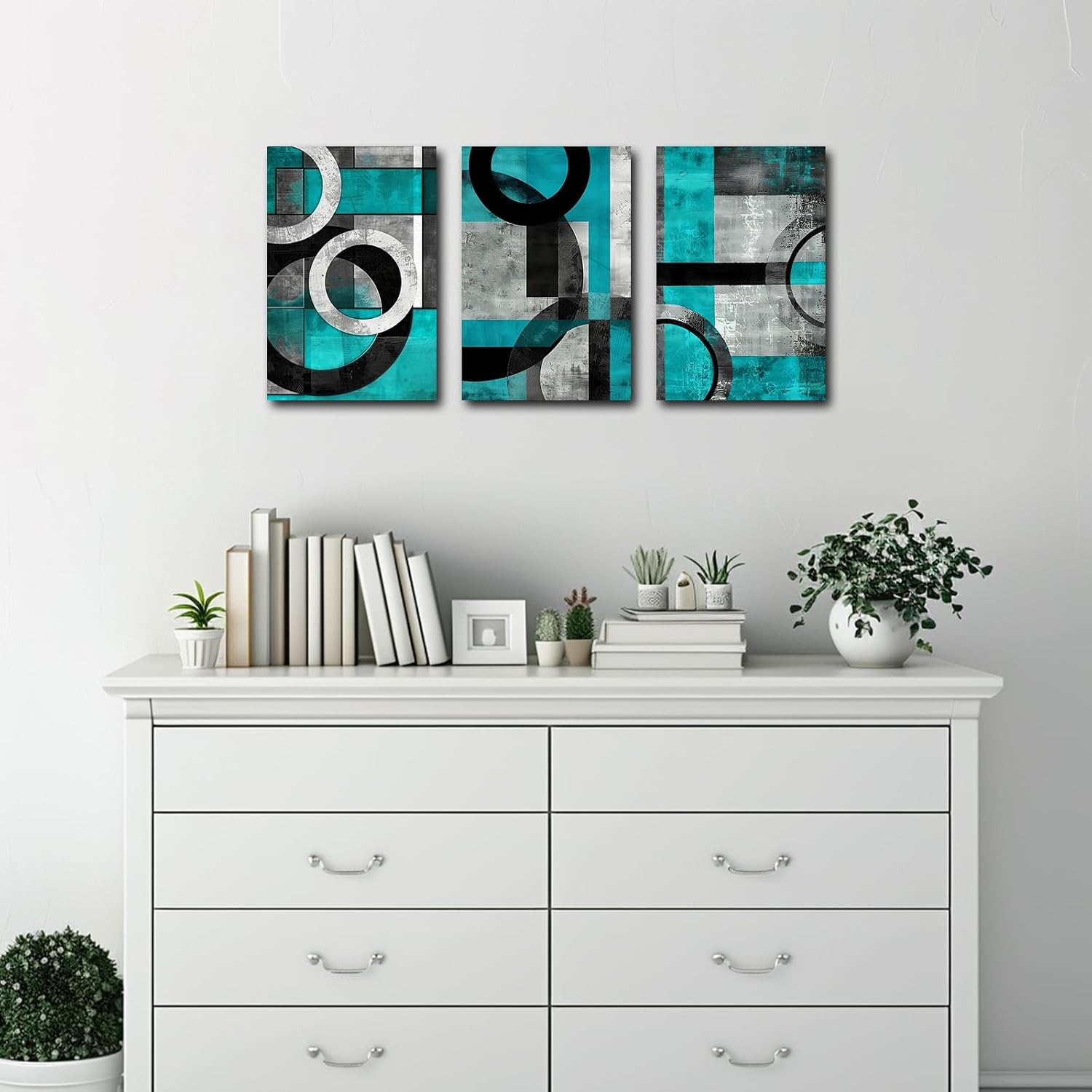 SWQYLB Teal Abstract Wall Art Blue and Gray Canvas Print 3 Pieces Abstract Geometric Circle Black Gray Painting for Home Office Decor Framed (Teal, 24.00' x 36.00' x 3PCS)