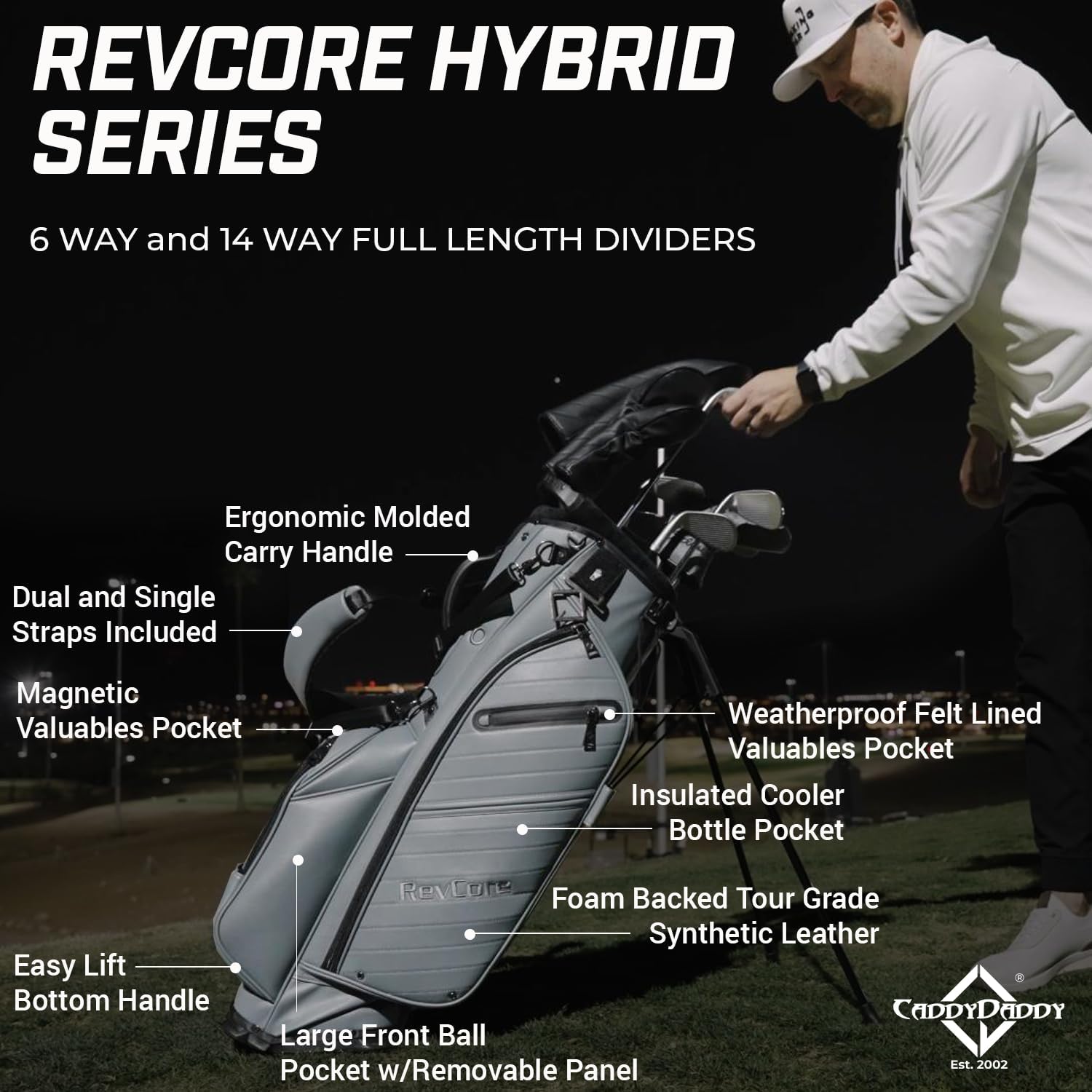 CADDYDADDY Upgraded Hybrid Luxury Golf Stand Bag, Tour Grade Synthetic Leather w/ScratchGuard, 14 Way or 6 Way Dividers, 2 Cooler Pockets, Magnetic Felt-Lined Pocket, Ball and Accessory Pocket