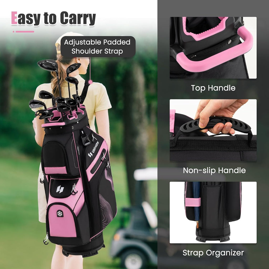 ULTIMATE 14-Way Golf Cart Bag, Golf Bag w/Molded Lock Top & Full Length Dividers, Portable Golf Club Bag w/11 Pockets, Cooler Bag, Padded Strap & Rain Hood for Men Women