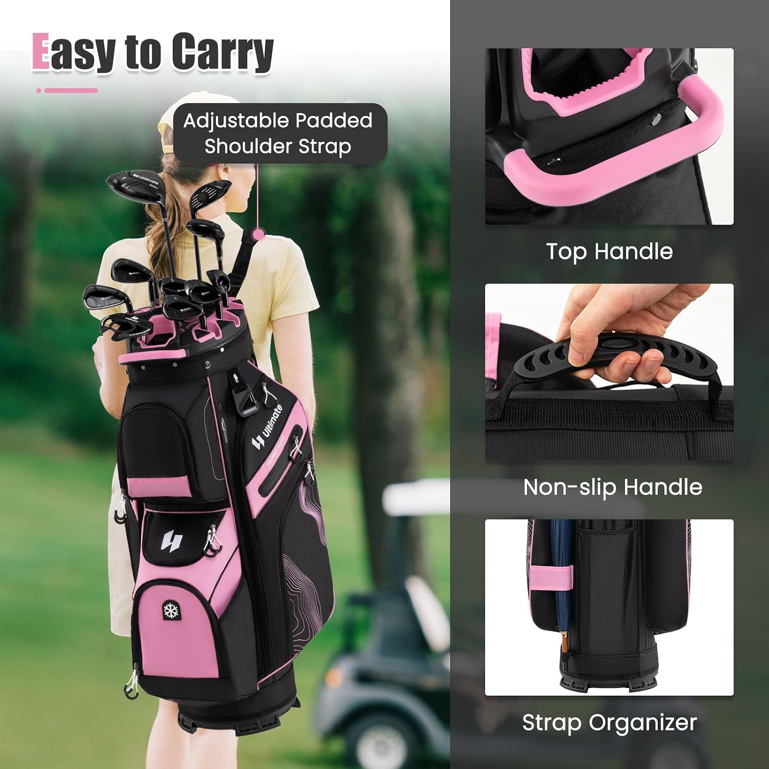 ULTIMATE 14-Way Golf Cart Bag, Golf Bag w/Molded Lock Top & Full Length Dividers, Portable Golf Club Bag w/11 Pockets, Cooler Bag, Padded Strap & Rain Hood for Men Women