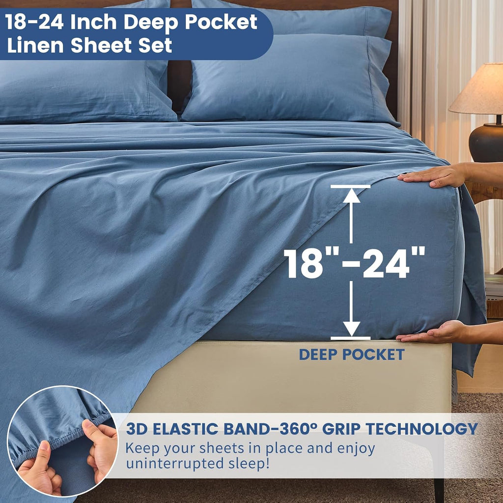 Bedlifes 100% French Flax Linen Sheets Set California King Size-6 Piece Extra Deep Pocket 18-24',Soft Breathable Cal King Bed Sheets with Temperature Regulating & Moisture-Wicking(Flint Blue