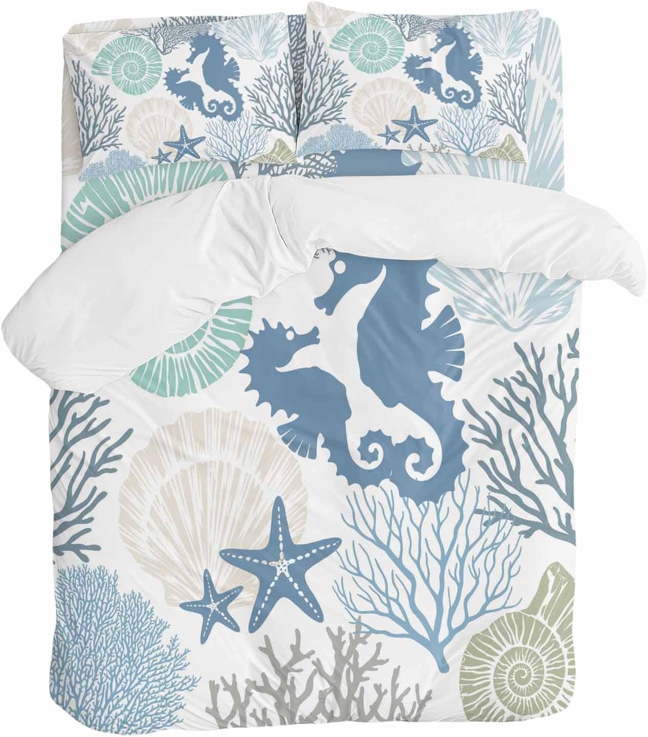 Blue Ocean Seahorse Duvet Cover Set Queen Size 4 Pieces Nautical Sea Watercolor Teal Shells Coral Starfish Bedding Set with Zipper Closure,1 Comforter Cover 92x106 Inches 1 Flat Sheet & 2 Pillow Cases