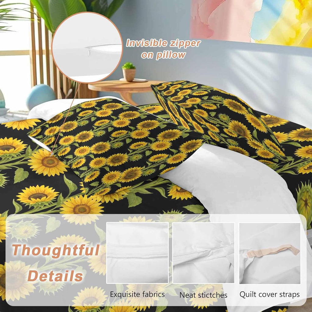 Prime Leader Retro Sunflowers Duvet Cover Set Queen Size 4 Pieces Summer Yellow Floral Black Background Bedding Set with Zipper Closure, 1 Comforter Cover 86x86 Inches 1 Flat Sheet & 2 Pillow Cases
