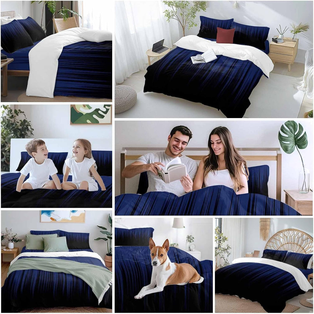 Prime Leader Navy Blue Black Ombre Duvet Cover Set Queen Size 4 Pieces Abstract Modern Lines Gradient Bedding Set with Zipper Closure, 1 Comforter Cover 90x92 Inches 1 Flat Sheet & 2 Pillow Cases