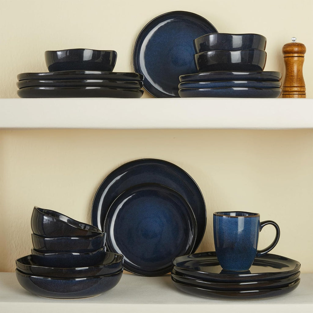 Pokini 24 Piece Ceramic Dinnerware Sets for 8, Starry Blue Reactive Glaze | Unique Coastal Edge for Holiday Gatherings, Thanksgiving, Dinner Parties | Microwave & Dishwasher Safe Stoneware Dish Set