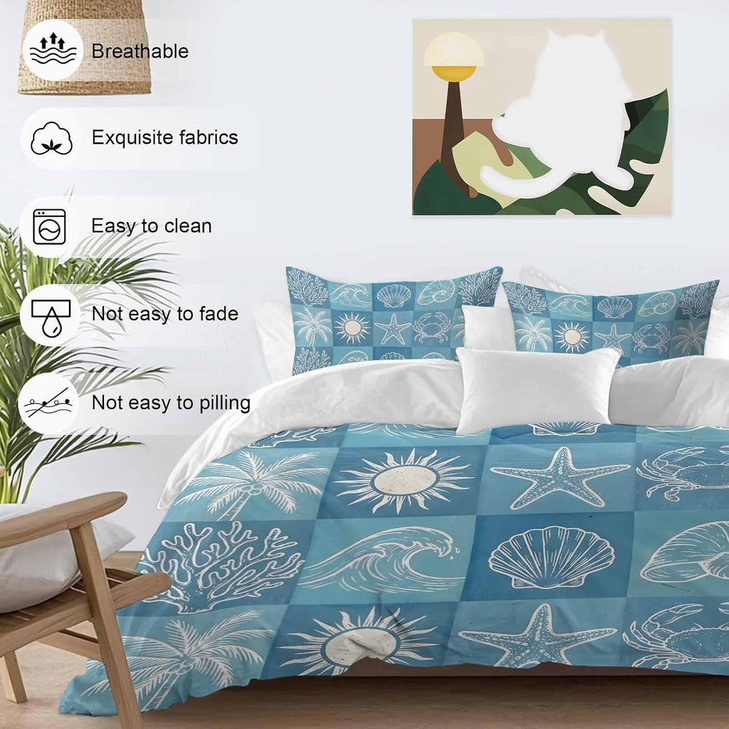Prime Leader Blue Coastal Duvet Cover Set Queen Size 4 Pieces Summer Ocean Waves Shell Crab Coconut Tree Bedding Set with Zipper Closure, 1 Comforter Cover 86x86 Inches 1 Flat Sheet & 2 Pillow Cases