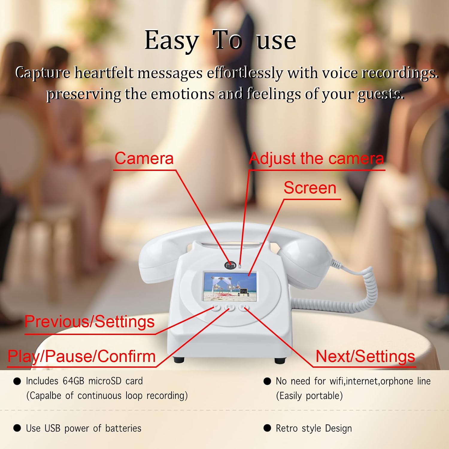 Video Audio Guest Book Wedding Phone,1080P HD Leave a Customized Video Messages, Ideal for a Variety of Memorable Party Occasions for Wedding, Birthday, Baby Shower, Graduation,retire (White)