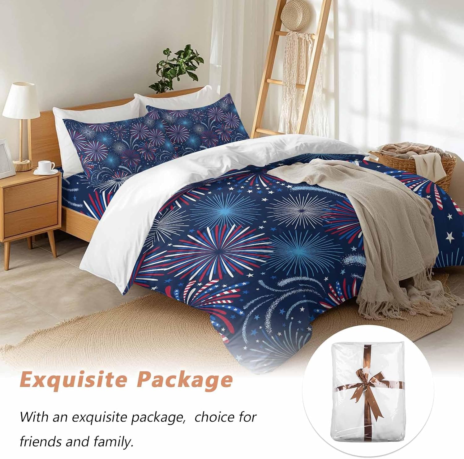 Independence Day Firework Duvet Cover Set Queen Size 4 Pieces Patriotic Red Blue Firework Dark Blue Bedding Set with Zipper Closure, 1 Comforter Cover 86x86 Inches 1 Flat Sheet & 2 Pillow Cases