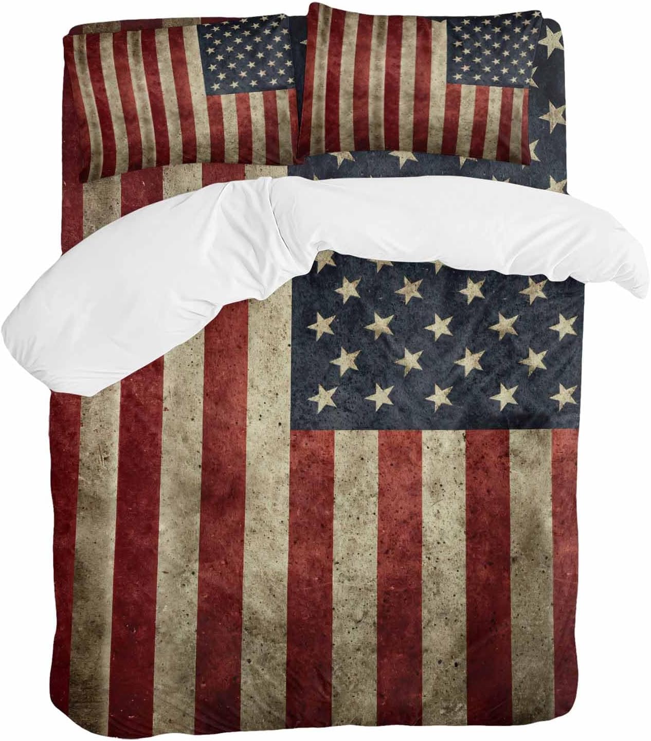 Vintage U.S. Flag Duvet Cover Set Queen Size 4 Pieces Red White Striped Star Independence Day Bedding Set with Zipper Closure, 1 Comforter Cover 86x86 Inches 1 Flat Sheet & 2 Pillow Cases
