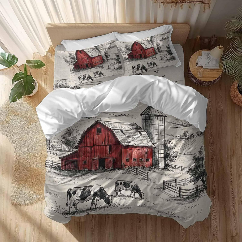 Farmhouse Duvet Cover Set Queen Size 4 Pieces Pastoral Landscape Watercolor Barn Farm Dairy Cow Retro Bedding Set with Zipper Closure, 1 Comforter Cover 90x92 Inches 1 Flat Sheet & 2 Pillow Cases