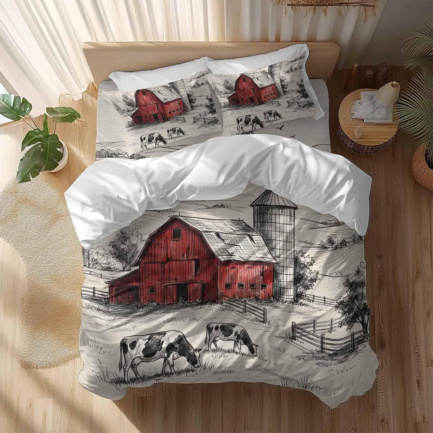 Farmhouse Duvet Cover Set Queen Size 4 Pieces Pastoral Landscape Watercolor Barn Farm Dairy Cow Retro Bedding Set with Zipper Closure, 1 Comforter Cover 86x86 Inches 1 Flat Sheet & 2 Pillow Cases