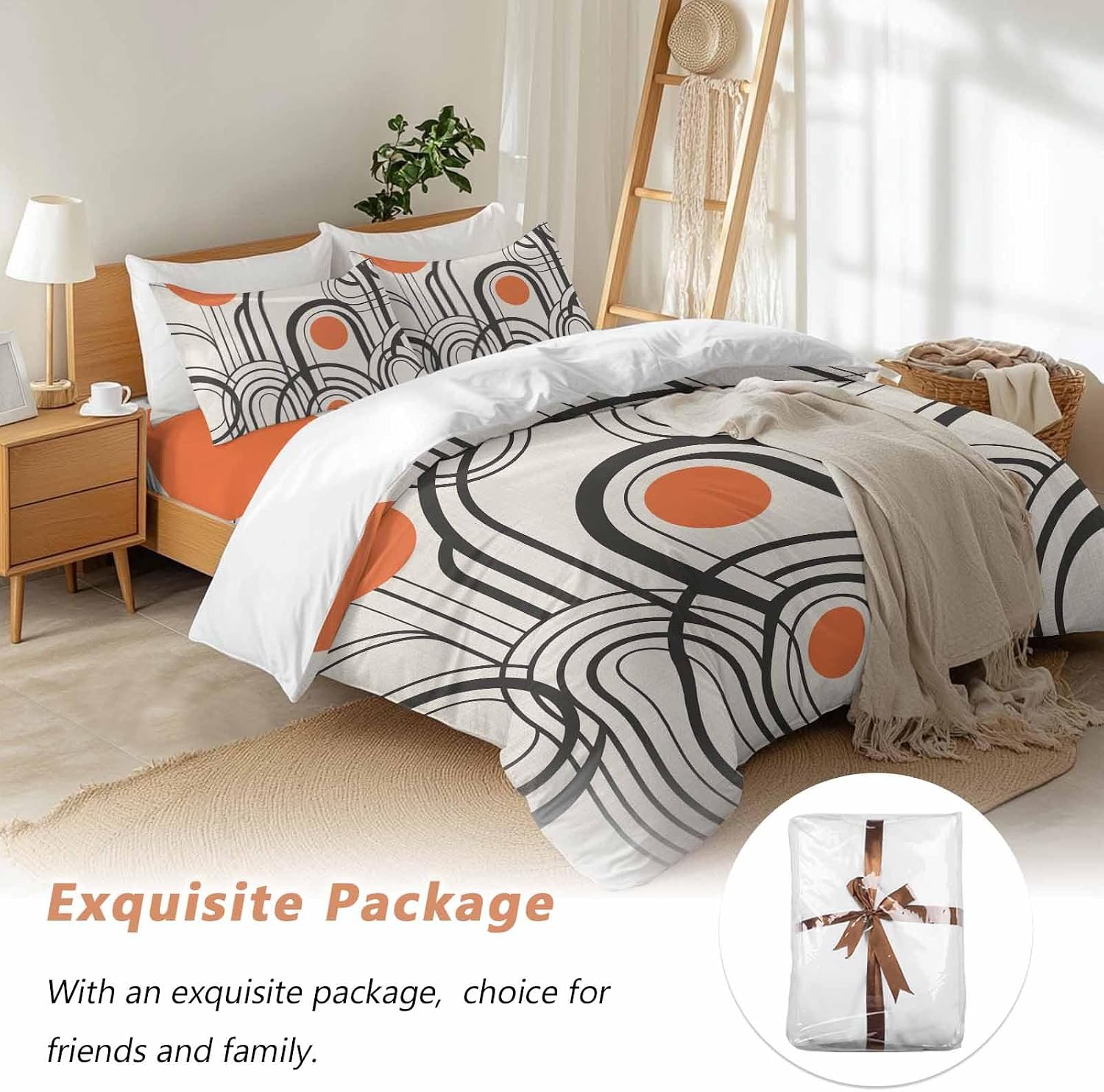 Black Orange Duvet Cover Set Queen Size 4 Pieces Abstract Line Boho Minimalist Mid Century Arch Geometric Bedding Set with Zipper Closure, 1 Comforter Cover 86x86 Inches 1 Flat Sheet & 2 Pillow Cases