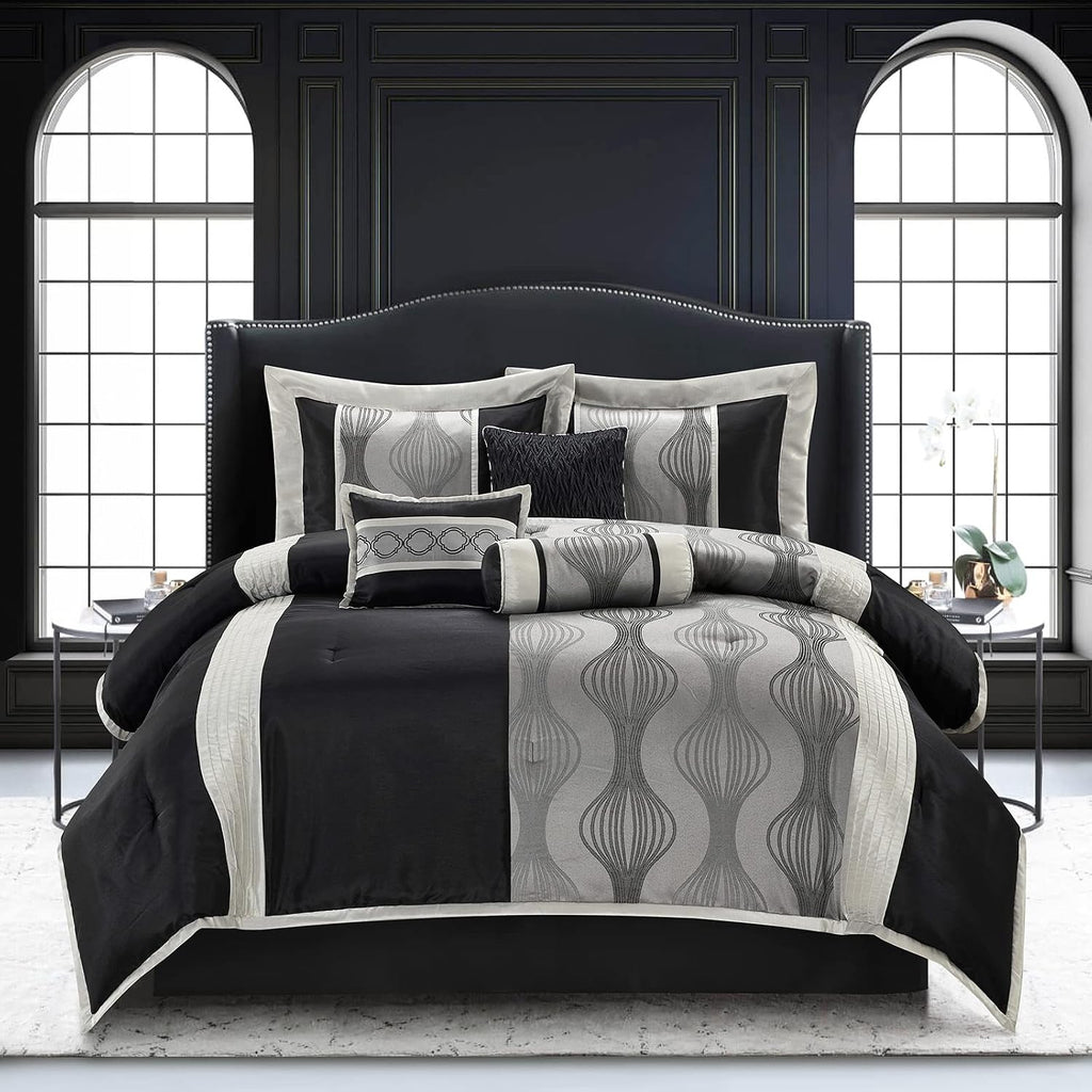 Grand Avenue Elegant Black and Silver Comforter Set California King Size, Striped, 7 Pieces Bedding & Collection, Jacquard All Season Comforter & Pillows, Ultra-Soft Microfiber