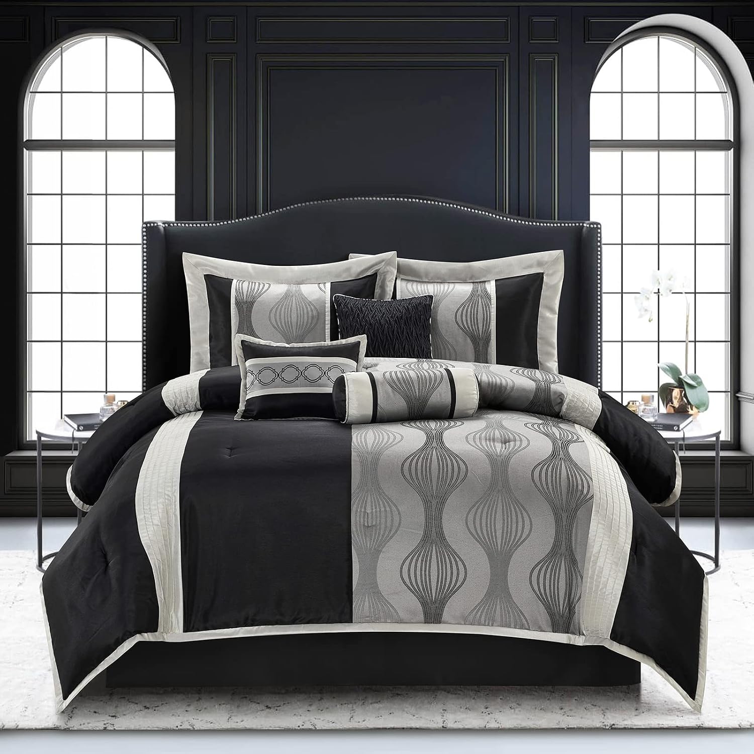 Grand Avenue Elegant Black and Silver Comforter Set California King Size, Striped, 7 Pieces Bedding & Collection, Jacquard All Season Comforter & Pillows, Ultra-Soft Microfiber