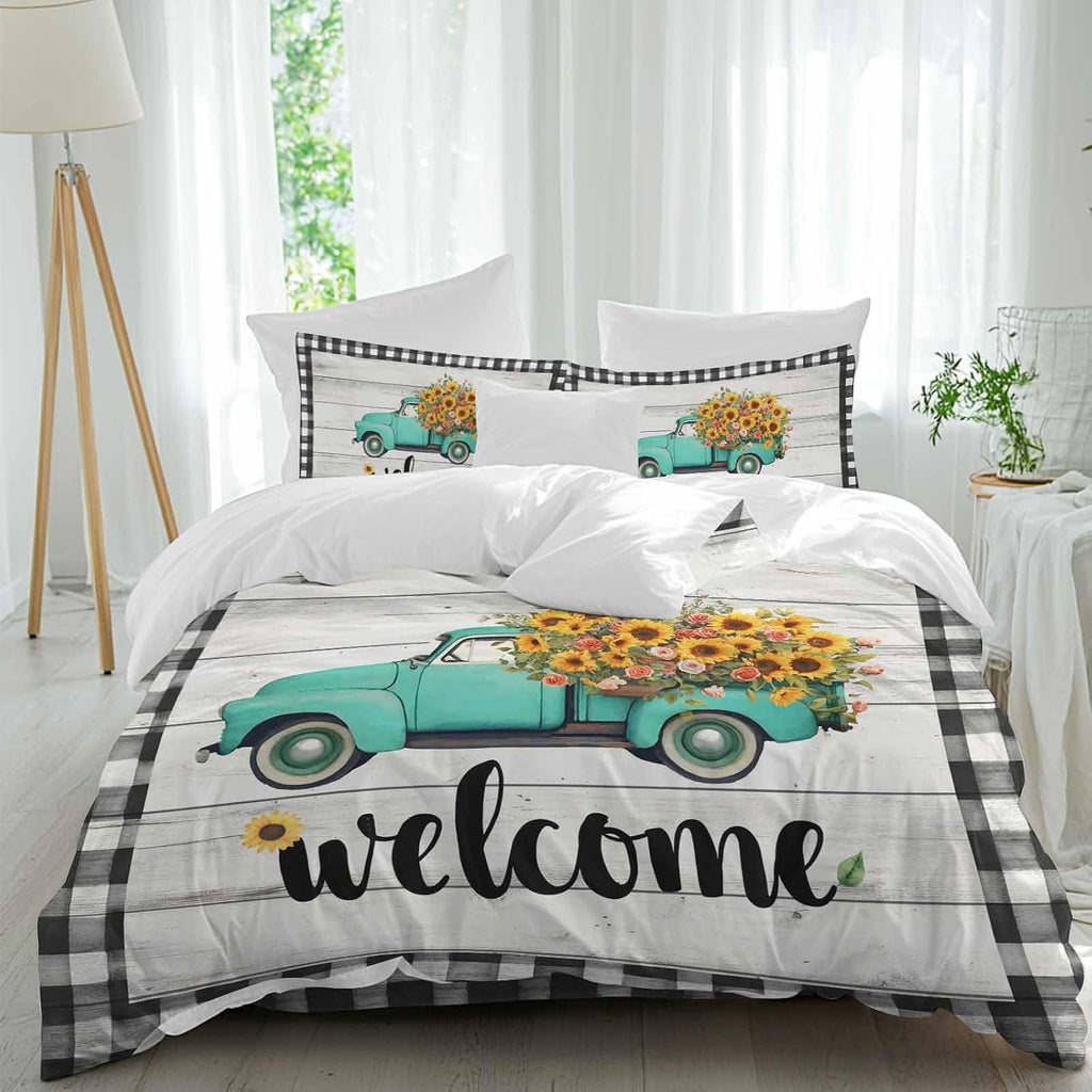 Welcome Duvet Cover Set Queen Size 4 Pieces Summer Flowers Truck Wood Grain Black White Lattice Frame Bedding Set with Zipper Closure, 1 Comforter Cover 90x92 Inches 1 Flat Sheet & 2 Pillow Cases