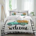 Welcome Duvet Cover Set Queen Size 4 Pieces Summer Flowers Truck Wood Grain Black White Lattice Frame Bedding Set with Zipper Closure, 1 Comforter Cover 90x92 Inches 1 Flat Sheet & 2 Pillow Cases