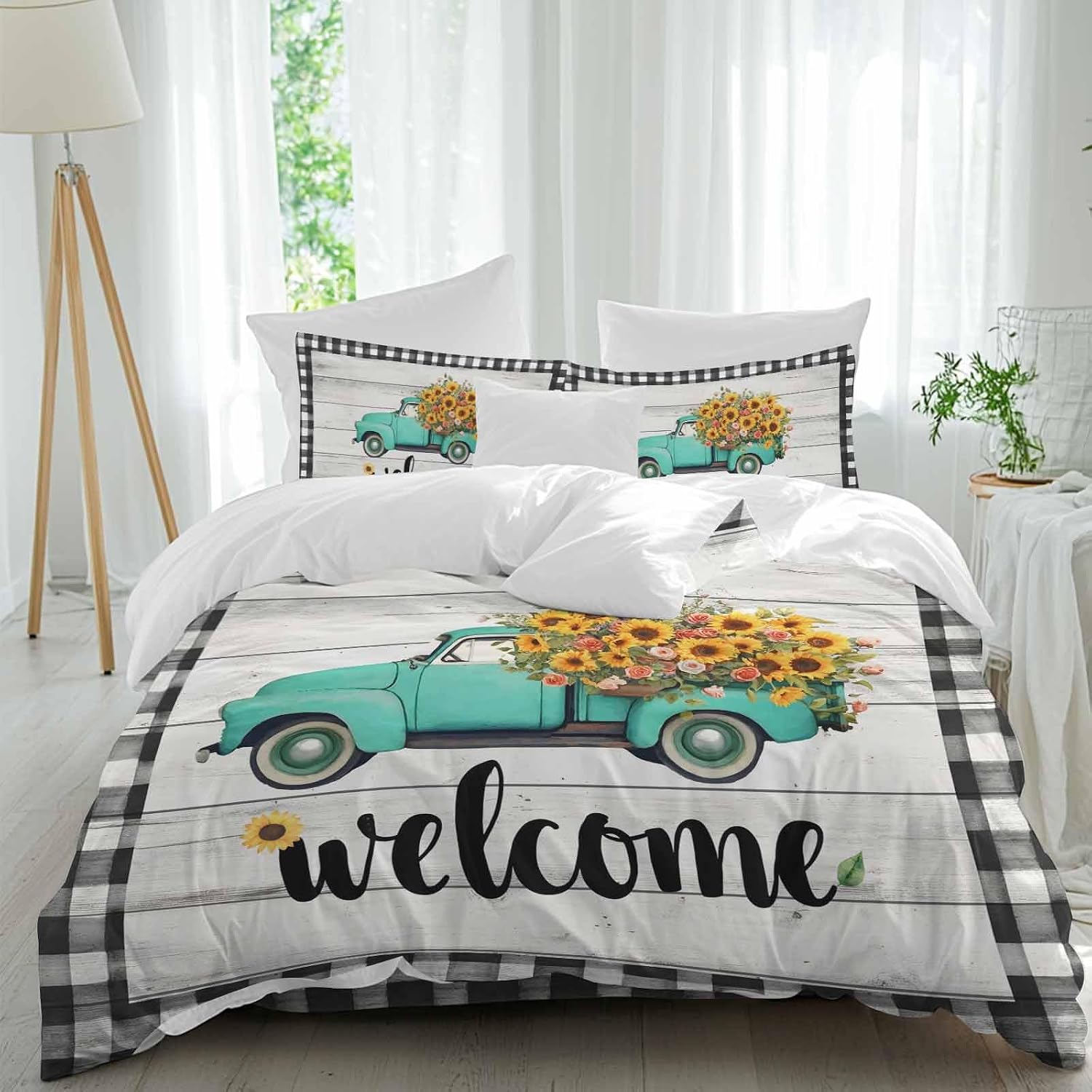 Welcome Duvet Cover Set Queen Size 4 Pieces Summer Flowers Truck Wood Grain Black White Lattice Frame Bedding Set with Zipper Closure, 1 Comforter Cover 90x92 Inches 1 Flat Sheet & 2 Pillow Cases