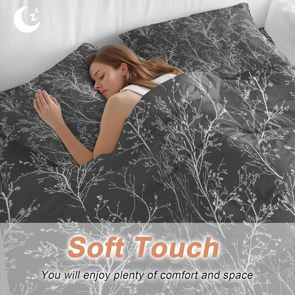 Dark Grey Duvet Cover Set Queen Size 4 Pieces White Tree Branch Botanical Abstract Plant Leaves Bedding Set with Zipper Closure, 1 Comforter Cover 90x92 Inches 1 Flat Sheet & 2 Pillow Cases