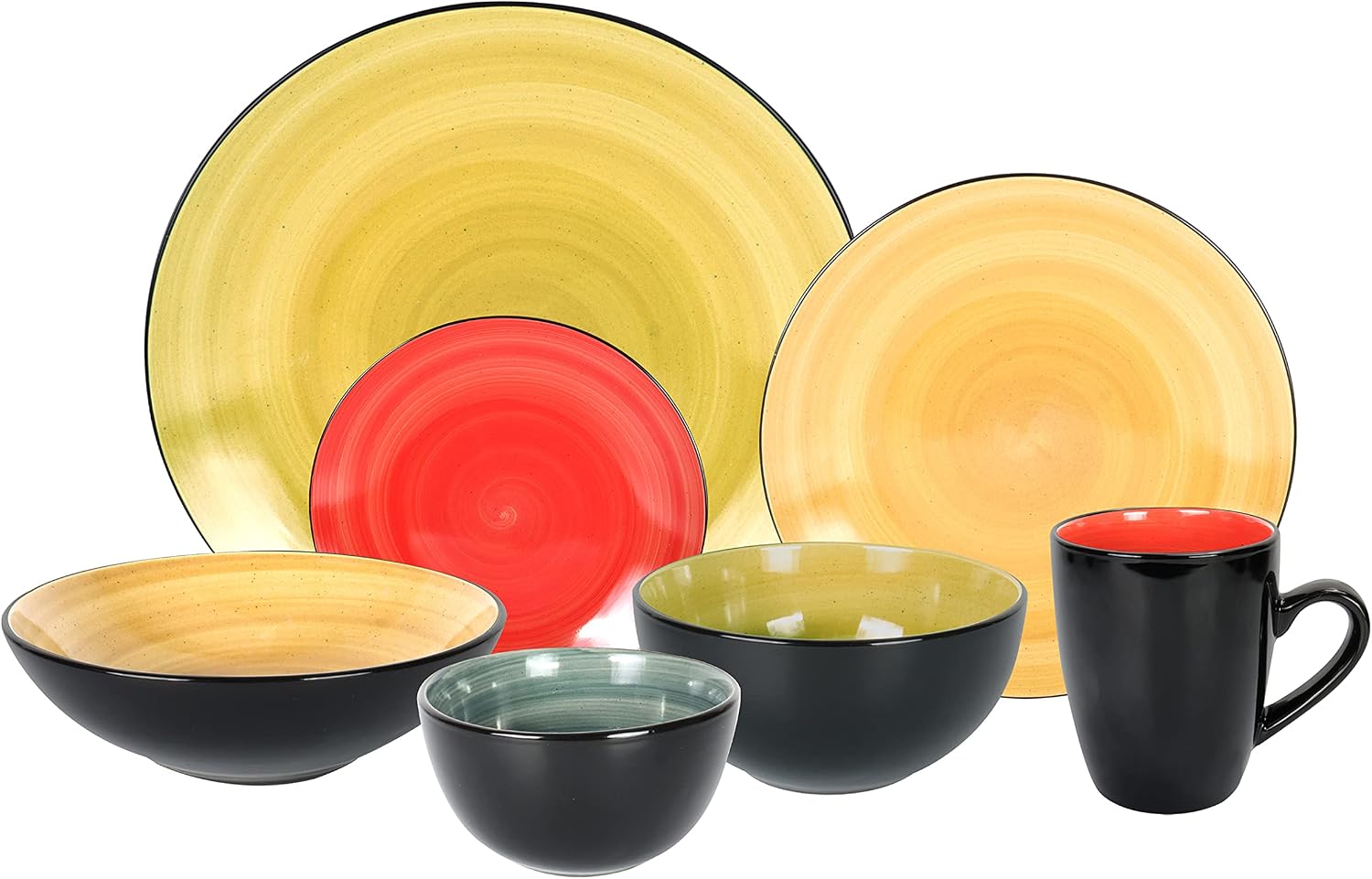 Stoneware Sonoma 56pc Dinnerware Set, Black + Speckled Spin Wash Mixed Colors of Blue, Red, Yellow and Green