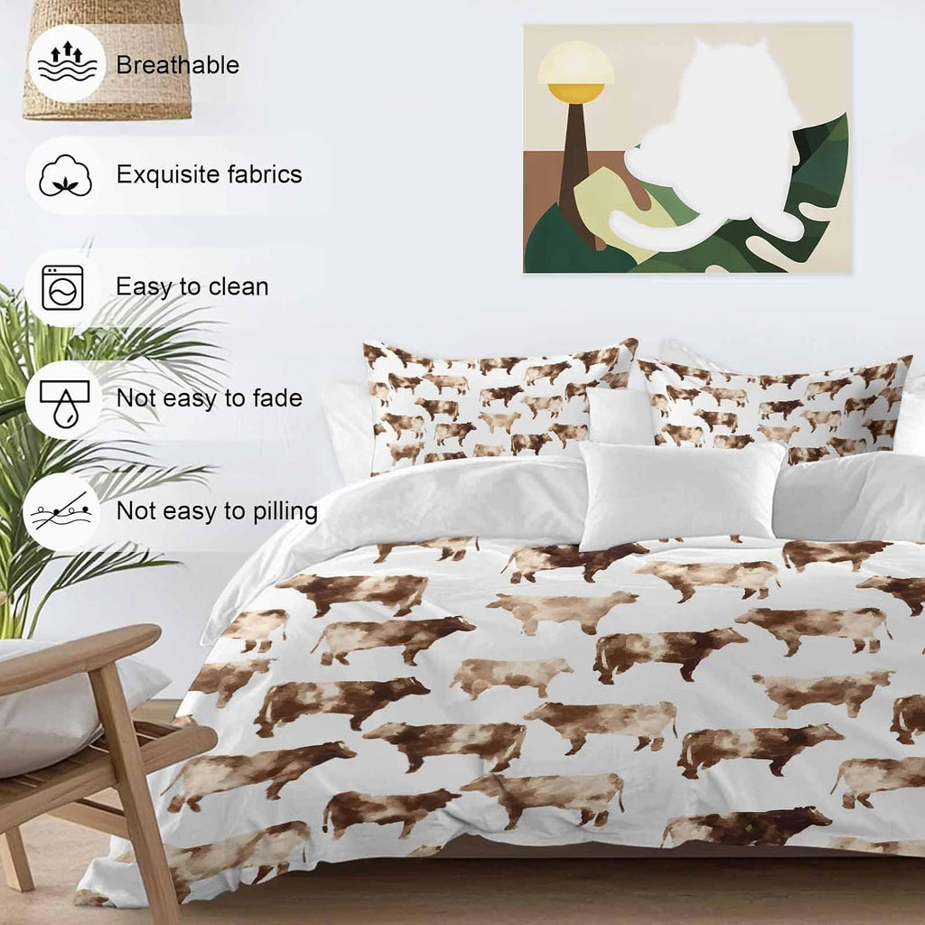 Farmhouse Cow Duvet Cover Set Queen Size 4 Pieces Watercolors Beige Brown Rustic Farm Animal Bedding Set with Zipper Closure, 1 Comforter Cover 92x106 Inches 1 Flat Sheet & 2 Pillow Cases