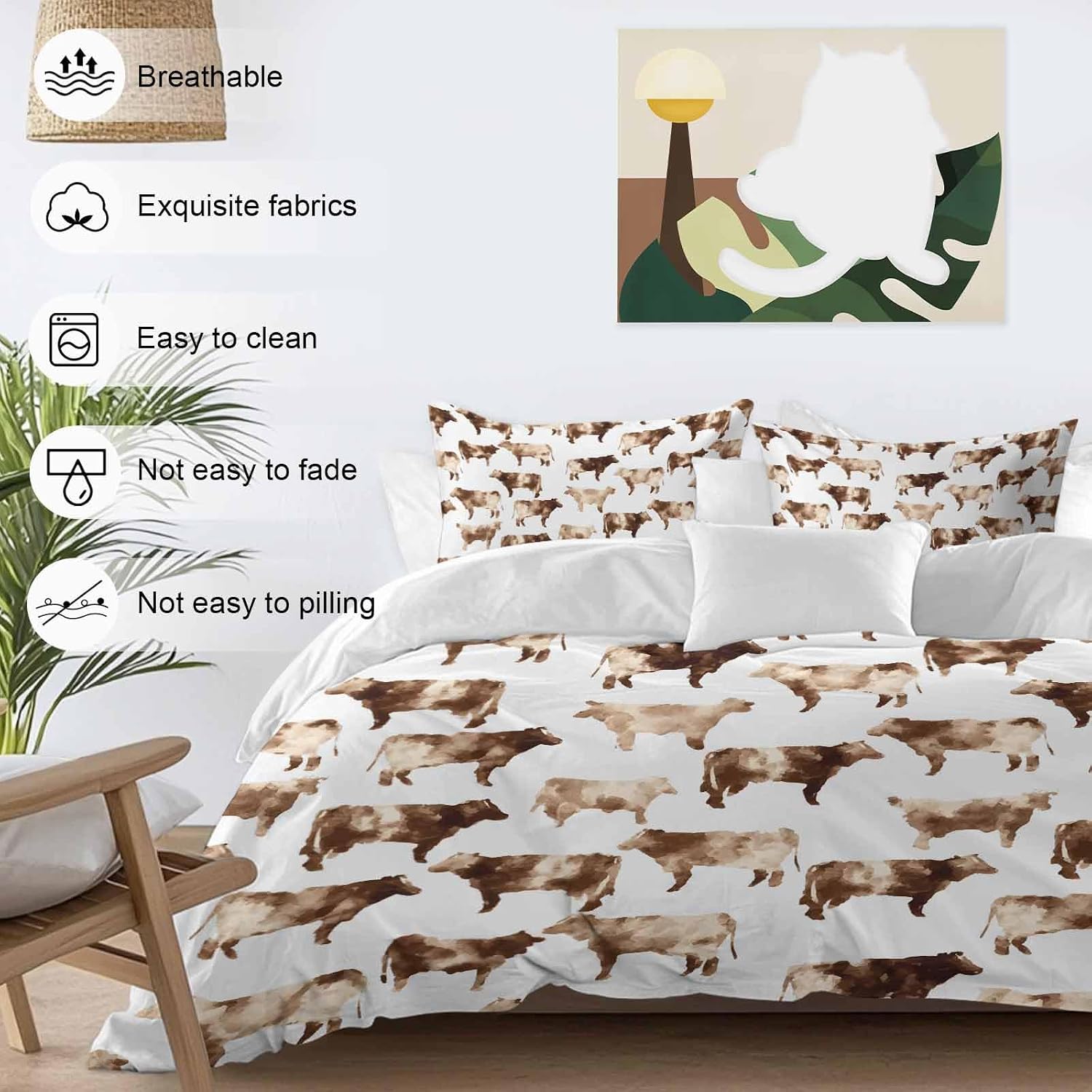 Farmhouse Cow Duvet Cover Set Queen Size 4 Pieces Watercolors Beige Brown Rustic Farm Animal Bedding Set with Zipper Closure, 1 Comforter Cover 92x106 Inches 1 Flat Sheet & 2 Pillow Cases