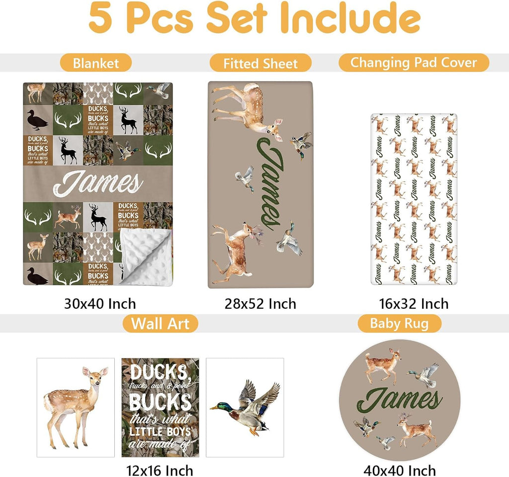 Terwex Custom Baby Crib Bedding Set, 5 Pcs Personalized Name Baby Crib Sets for Infant Toddler, Green Woodland Deer Nursery Bedding Set for Boys Girls, Double Layer Baby Bedding Sets Customized Gifts