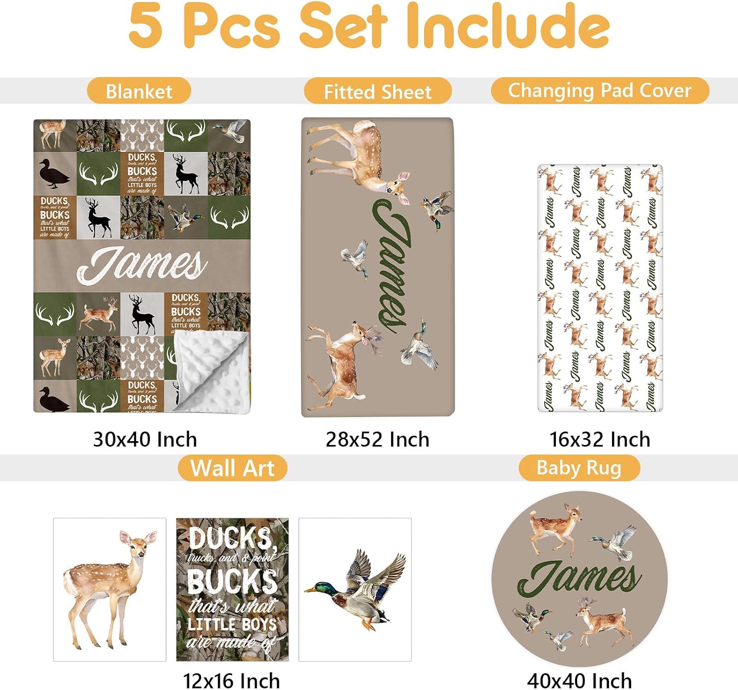 Terwex Custom Baby Crib Bedding Set, 5 Pcs Personalized Name Baby Crib Sets for Infant Toddler, Green Woodland Deer Nursery Bedding Set for Boys Girls, Double Layer Baby Bedding Sets Customized Gifts