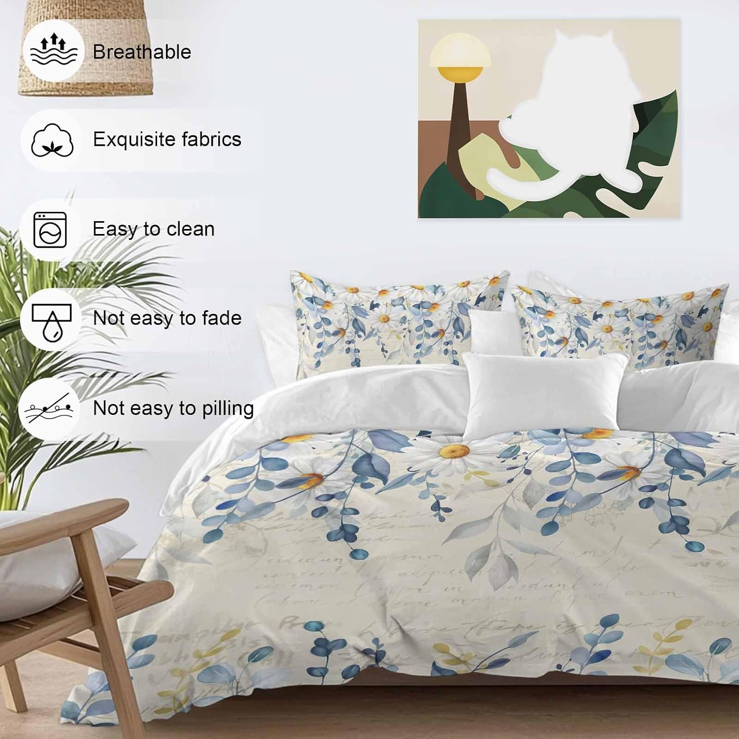 Spring Eucalyptus Leaves Duvet Cover Set Queen Size 4 Pieces Country Vintage Blue Leaf White Daisy Bedding Set with Zipper Closure, 1 Comforter Cover 90x92 Inches 1 Flat Sheet & 2 Pillow Cases
